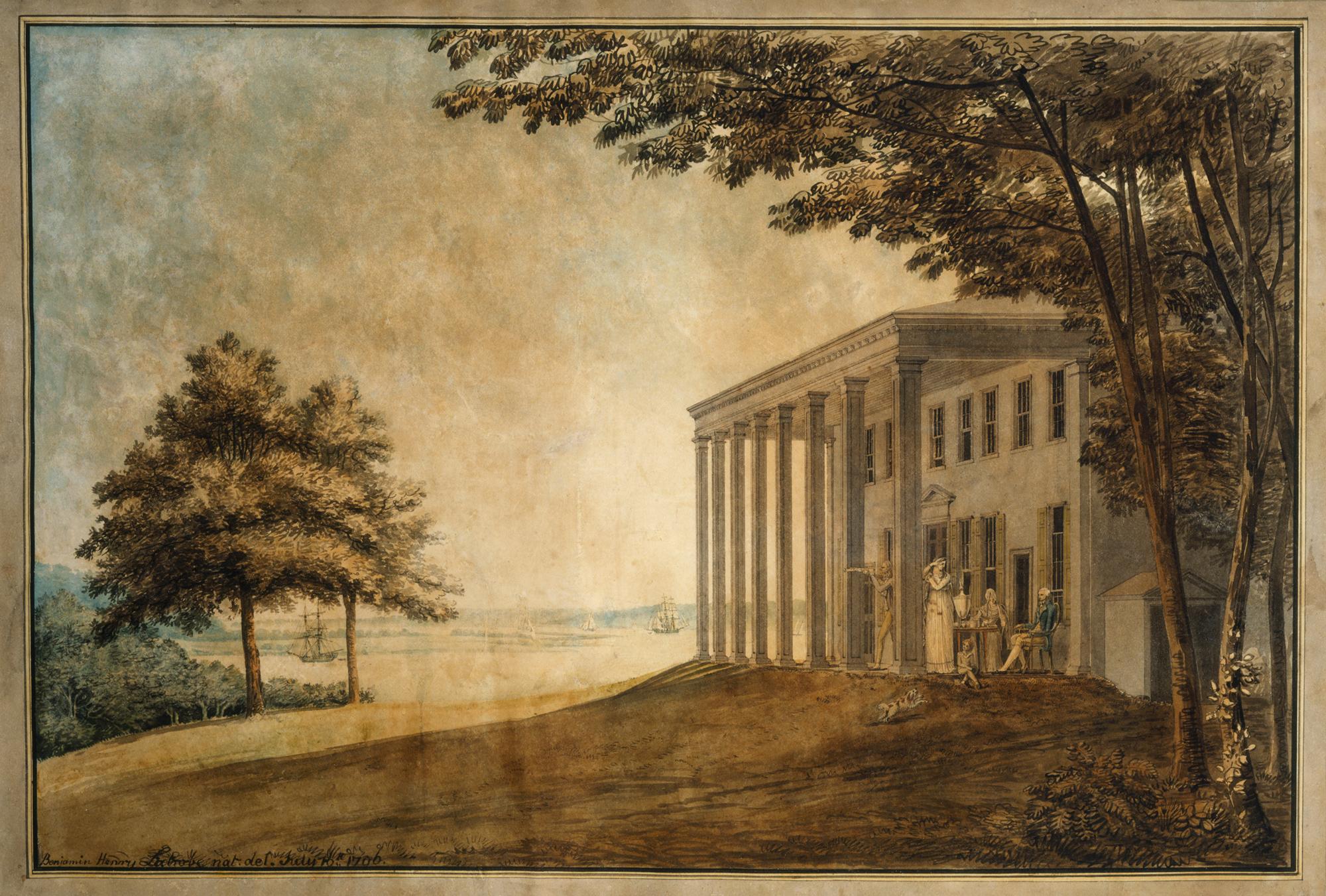 Latrobe's "A View of Mount Vernon with the Washington Family". MVLA