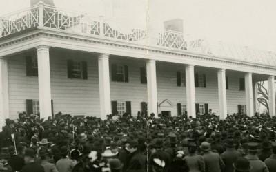 President William McKinley addresses visitors on the east lawn commemorating the centennial of George Washington's death. (MVLA).